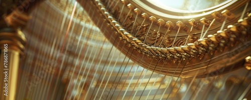 A close up of the strings of a golden harp. photo
