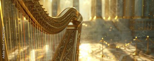 A golden harp sits in a grand hall, sunlight streaming in through the windows. photo