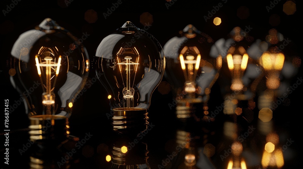 
Illuminate your marketing strategy with a captivating photo of light bulbs, each radiating fibers shaped into words like "Marketing," "Sales," "Advertising," "Promotion," and "Strategy." This strikin - obrazy, fototapety, plakaty 