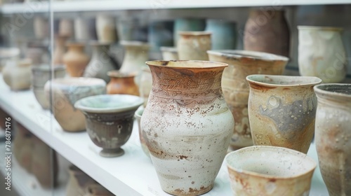 A shelf full of various old clay pots and jars photo