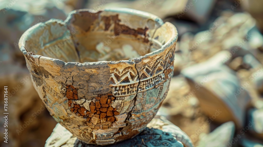 An ancient clay bowl with geometric patterns An ancient clay bowl with geometric patterns