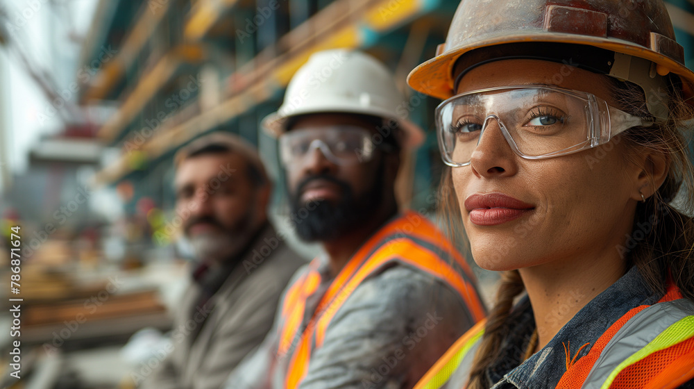 A group of three construction workers standing in front of an industrial construction site A group of three construction workers standing in front of an industrial construction site