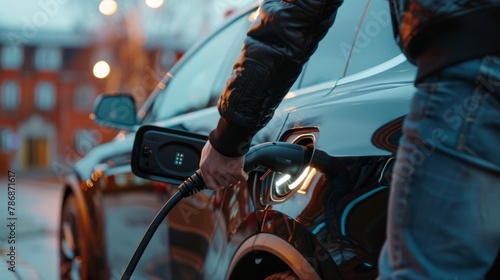 Midsection of man plugging in cable while charging electric car photo
