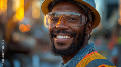 A group of three construction workers standing in front of an industrial construction site