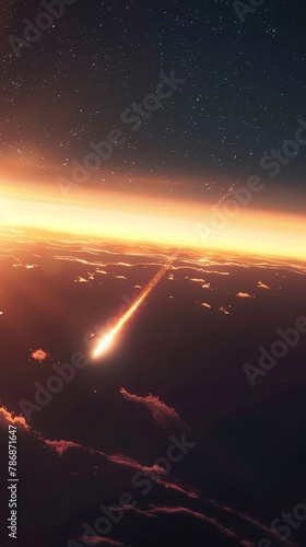 An asteroid hurtles through the atmosphere above a cloudy Earth.