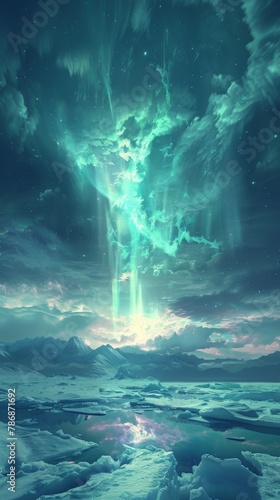 An aurora fills the sky above an icy landscape.