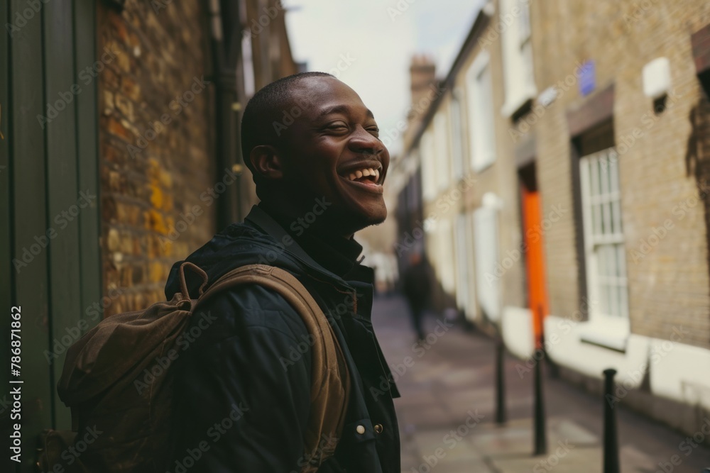 Portrait of cheerful african american man laughing and looking up in the city Portrait of cheerful african american man laughing and looking up in the city