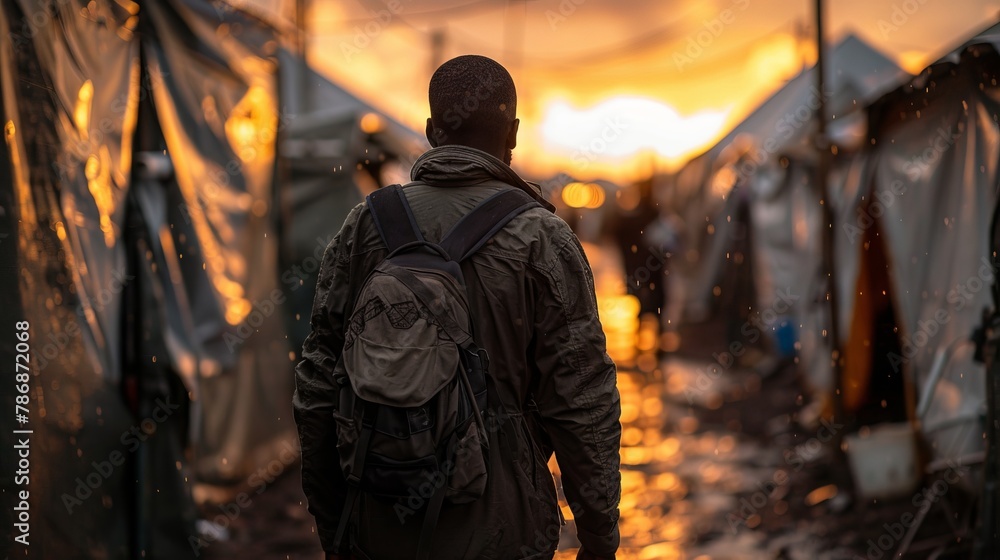 A humanitarian leading a refugee camp organization, ensuring safety and order during a crisi A humanitarian leading a refugee camp organization, ensuring safety and order during a crisi