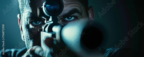 Intense close-up of a sniper with eye on scope, heightened focus in a high-stakes scenario photo
