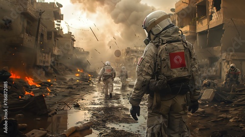 A squad of futuristic soldiers with red insignia patrols through the smoky ruins of a devastated city. photo