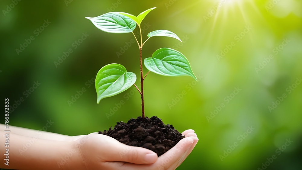 hand holding a green young plant. world environment day and sustainable environment in children volunteer hand. ecology concept hand holding a green young plant. world environment day and sustainable environment in children volunteer hand. ecology concept