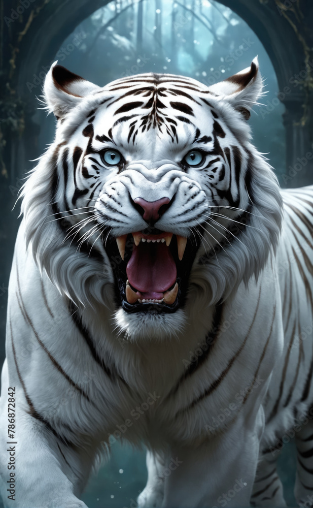 Fantasy Illustration of a wild animal white tiger. Digital art style wallpaper background. Fantasy Illustration of a wild animal white tiger. Digital art style wallpaper background.