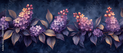 painting of a row of purple flowers with green leaves photo