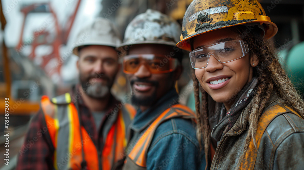 A group of three construction workers standing in front of an industrial construction site A group of three construction workers standing in front of an industrial construction site