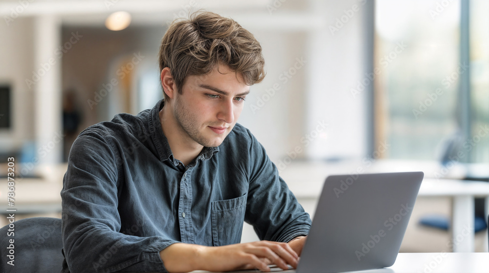 A young man works on a computer while sitting at a table in a modern bright office - obrazy, fototapety, plakaty 