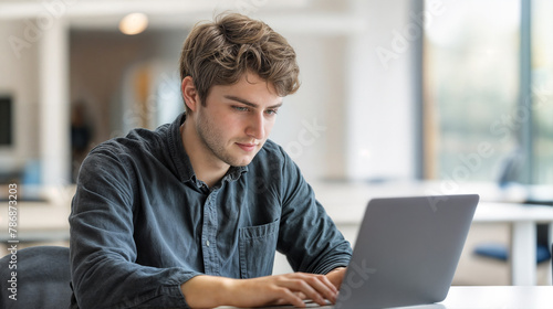 A young man works on a computer while sitting at a table in a modern bright office