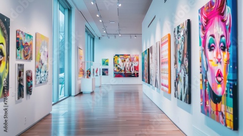 A gallery wall displaying a collection of vivid and colorful contemporary artworks in a brightly lit interior space. © Ammar