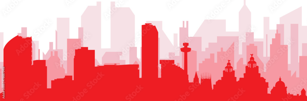 Red panoramic city skyline poster with reddish misty transparent background buildings of LIVERPOOL, UNITED KINGDOM