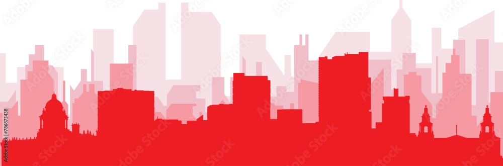 Red panoramic city skyline poster with reddish misty transparent background buildings of LEEDS, UNITED KINGDOM