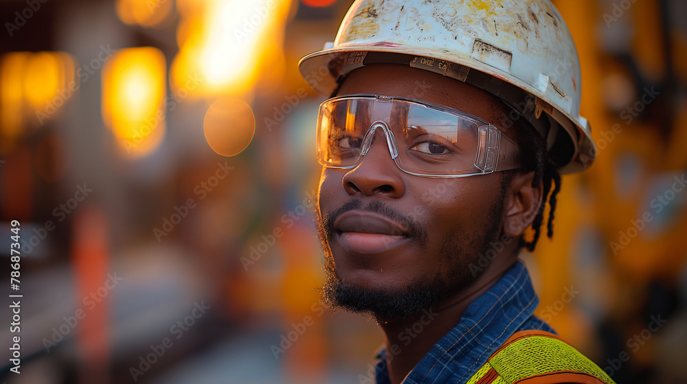 A group of three construction workers standing in front of an industrial construction site A group of three construction workers standing in front of an industrial construction site