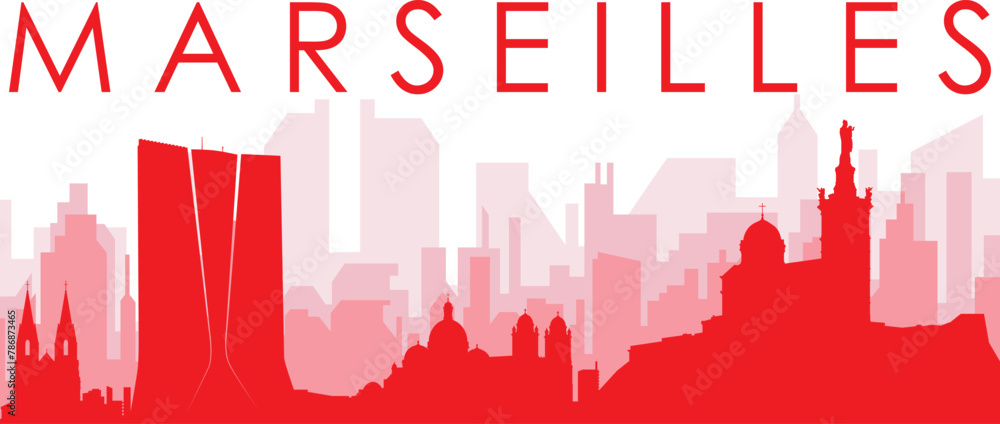 Red panoramic city skyline poster with reddish misty transparent background buildings of MARSEILLES, FRANCE Red panoramic city skyline poster with reddish misty transparent background buildings of MARSEILLES, FRANCE