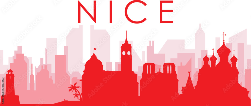 Red panoramic city skyline poster with reddish misty transparent background buildings of NICE, FRANCE Red panoramic city skyline poster with reddish misty transparent background buildings of NICE, FRANCE
