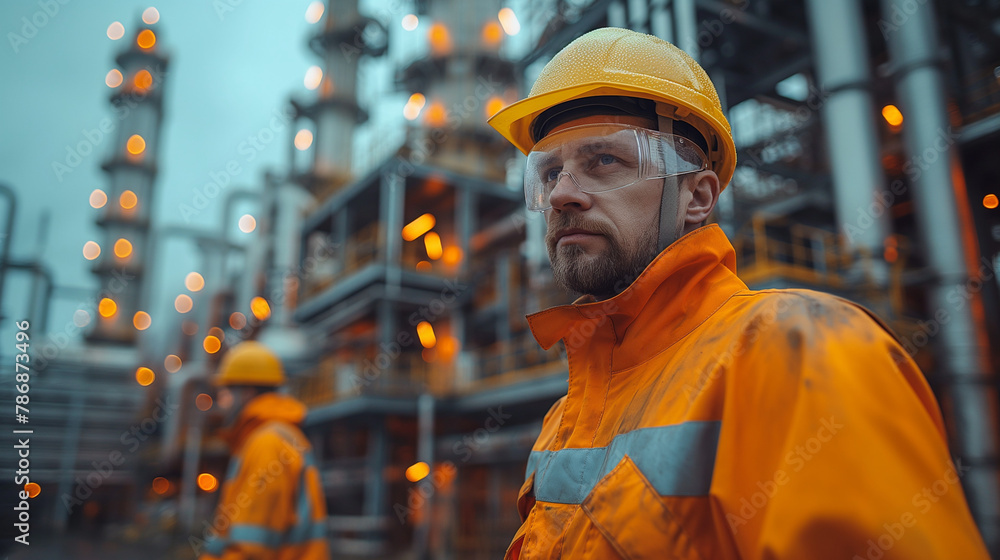 A group of three construction workers standing in front of an industrial construction site A group of three construction workers standing in front of an industrial construction site