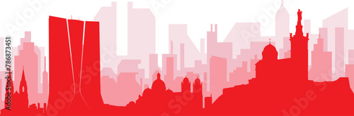 Red panoramic city skyline poster with reddish misty transparent background buildings of MARSEILLES  FRANCE