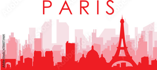 Red panoramic city skyline poster with reddish misty transparent background buildings of PARIS, FRANCE