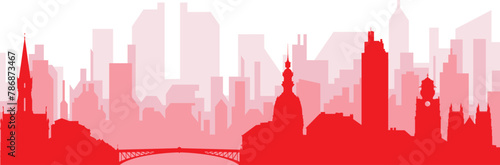 Red panoramic city skyline poster with reddish misty transparent background buildings of NANTES, FRANCE