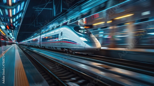 A high-speed bullet train speeding along a sleek, modern railway track, with futuristic design and advanced engineering ensuring a smooth and comfortable ride. © Ammar