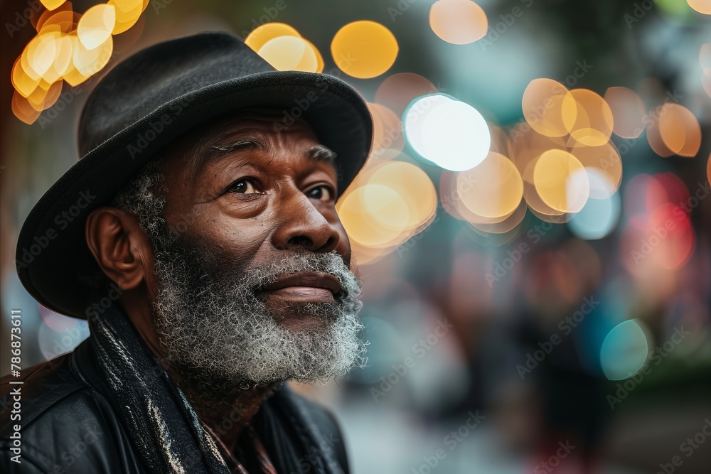 Old man with hat and beard in the city at night. Selective focus. Old man with hat and beard in the city at night. Selective focus.