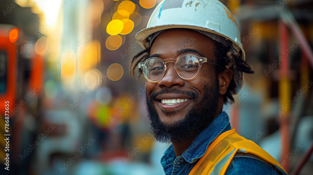 Smiling man with dreadlocks wearing sunglasses and a construction helmet Smiling man with dreadlocks wearing sunglasses and a construction helmet