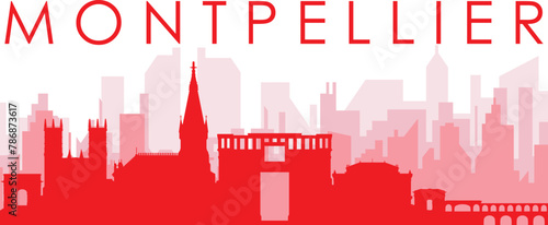 Red panoramic city skyline poster with reddish misty transparent background buildings of MONTPELLIER, FRANCE
