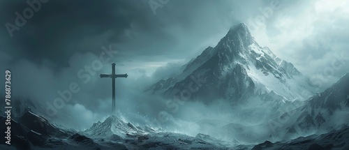 Ethereal cross above clouded peak photo