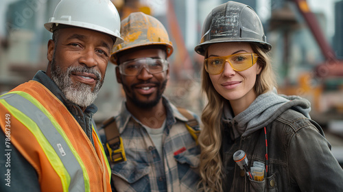 A group of three construction workers standing in front of an industrial construction site