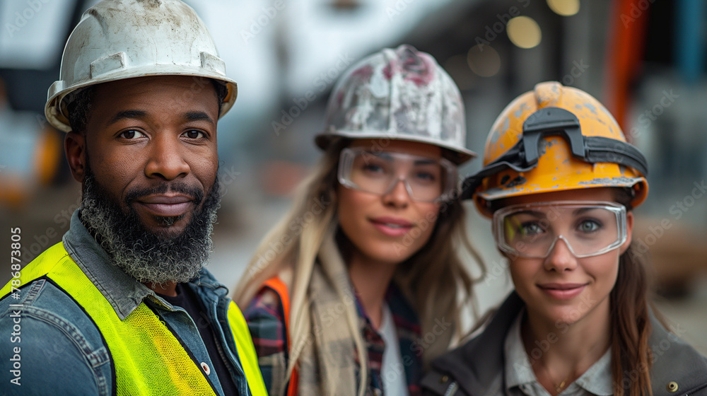 A group of three construction workers standing in front of an industrial construction site A group of three construction workers standing in front of an industrial construction site