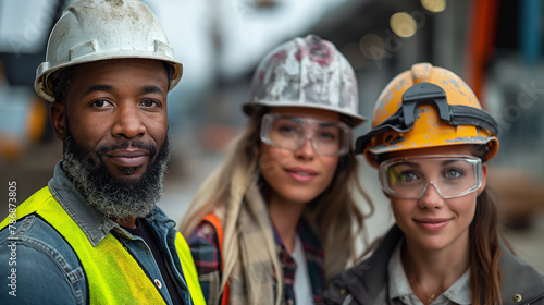 A group of three construction workers standing in front of an industrial construction site