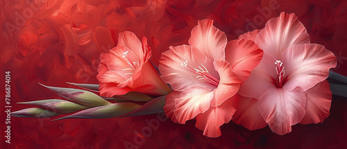 a two pink flowers that are on a red background photo