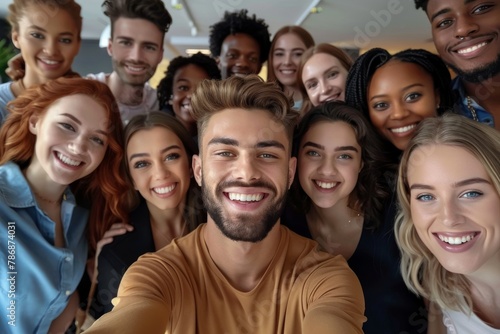 Multicultural happy people taking group selfie portrait in the office, diverse people celebrating together, Happy lifestyle and teamwork concept © nicole