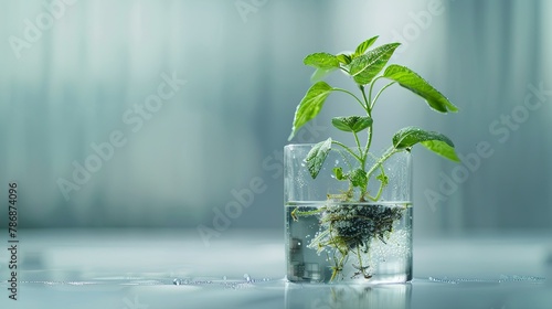 Create a poetic depiction of a green plant gracefully thriving in a laboratory pot, nurtured through hydroponic techniques