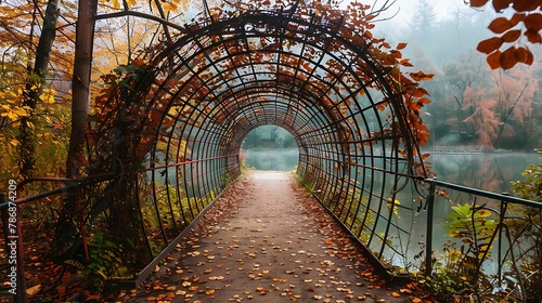 Scenic nature landscape of path near lake. Forest path tunnel through trees near lake scenic nature autumn landscape panorama view 