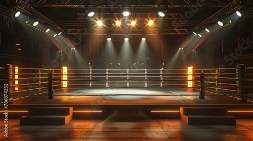 Isolated empty boxing ring with light.