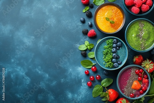Several smoothie bowls with spirulina and fruits, berries on a dark blue background. Flat lay, copy space for text. Concept: healthy food, for vegan, gluten free.
