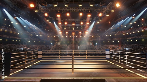  Empty boxing ring under lights. Full tribune. Wide angle. 