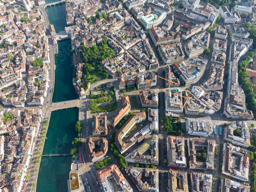 Zurich, Switzerland: Aerial view of Zurich city center with the Limmat river between the historic old town and the business and financial center in Switzerland largest city © jakartatravel