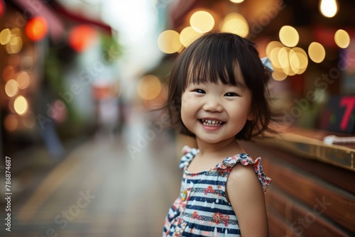 Portrait of cute little asian girl smiling on the street.