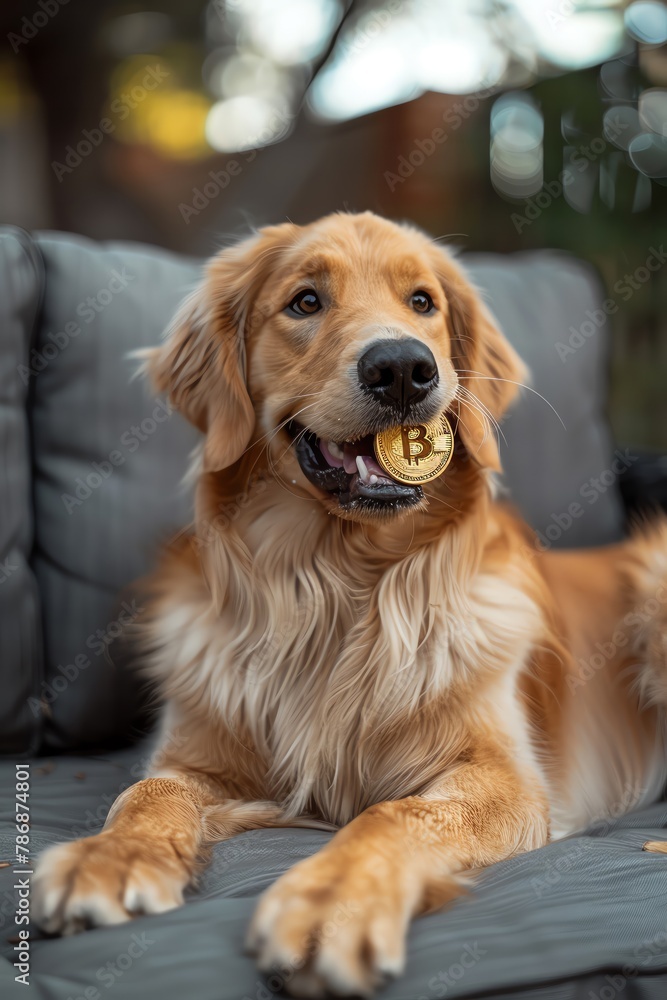 Bitcoin Retrieved by a Dog A loyal dog returns to its owner, Bitcoin in mouth, demonstrating loyalty and the retrieval of lost assets.