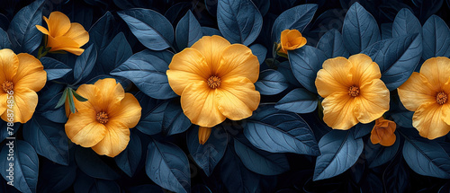 yellow flowers are growing on a dark green plant with dark leaves