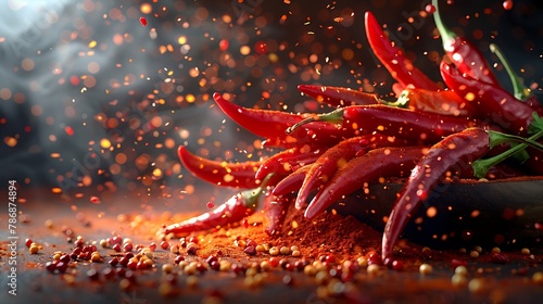 Copy Space Hot red chili pepper, fresh red hot chillies with chilli flakes design advertisement element photo